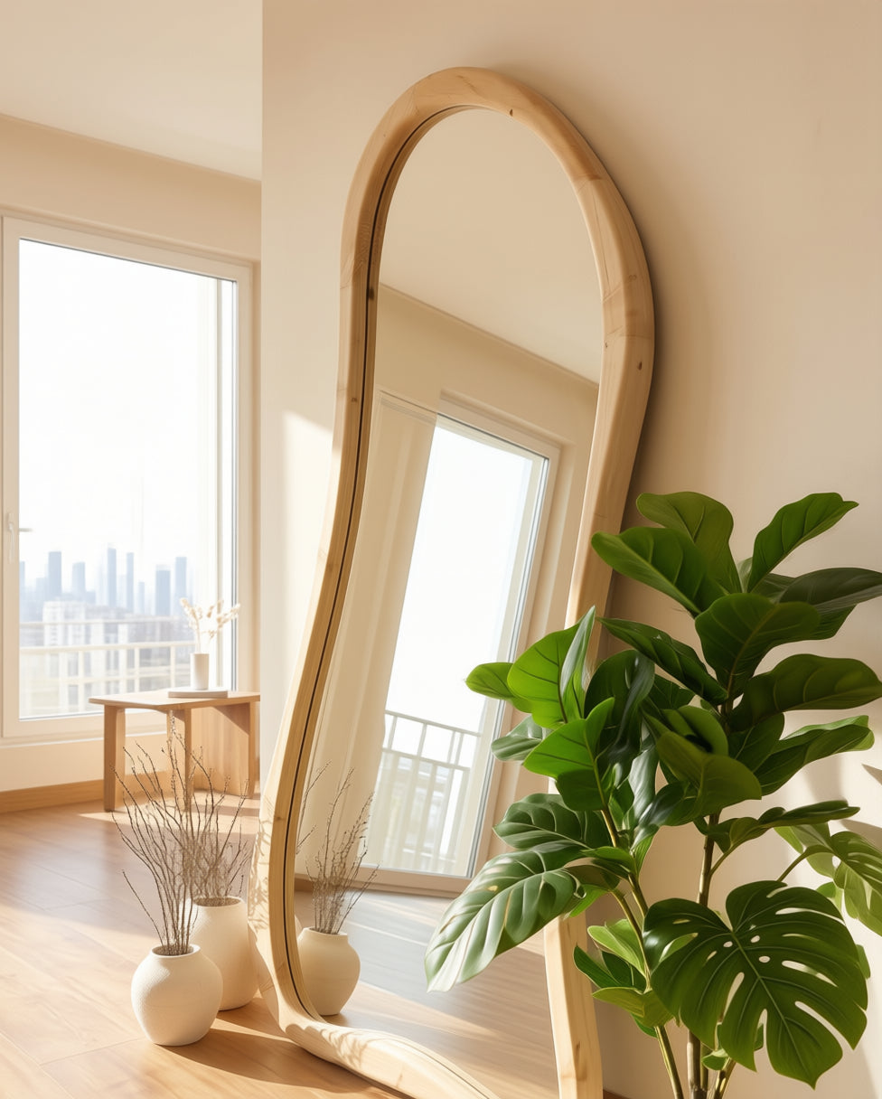 Grote Asymmetrische Staande Spiegel – Naturel Hout