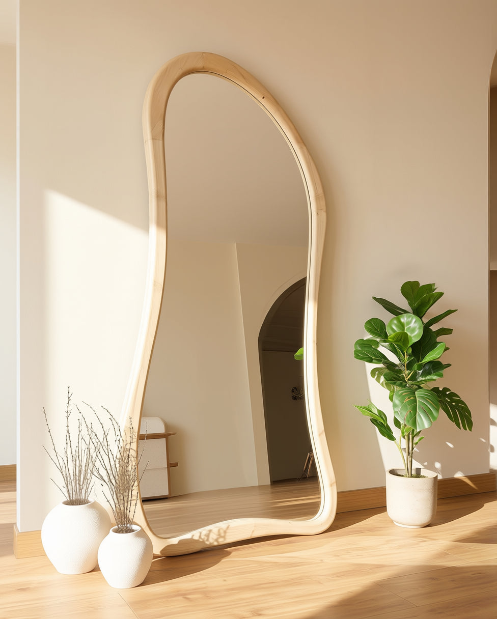 Grote Asymmetrische Staande Spiegel – Naturel Hout