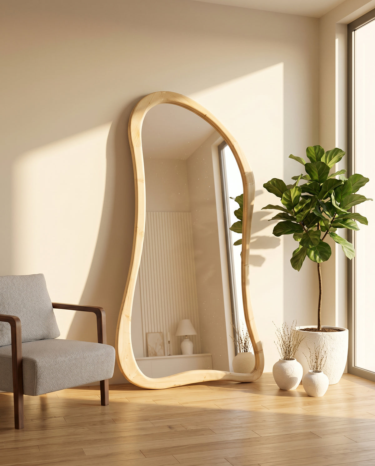 Grote Asymmetrische Staande Spiegel – Naturel Hout