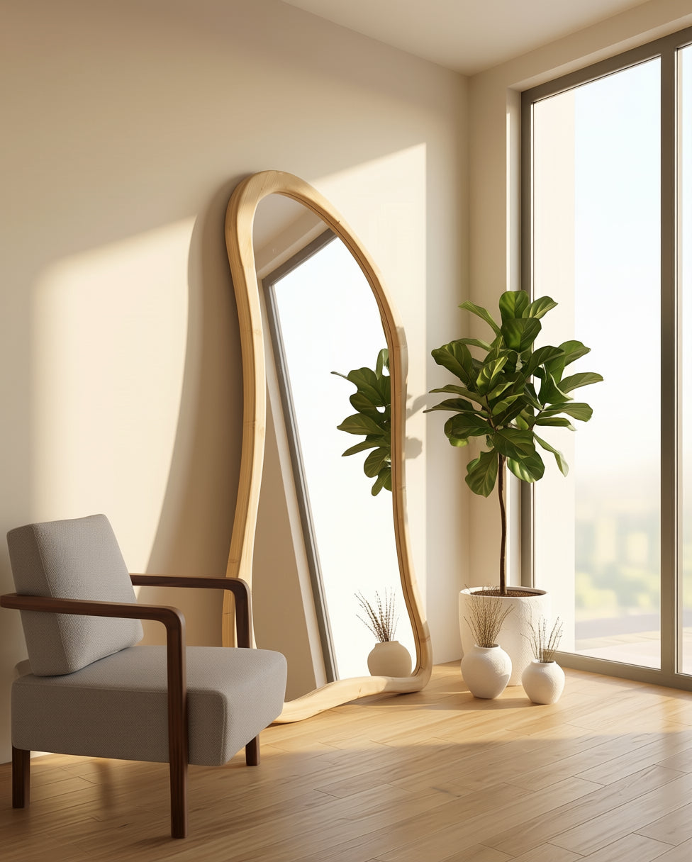 Grote Asymmetrische Staande Spiegel – Naturel Hout