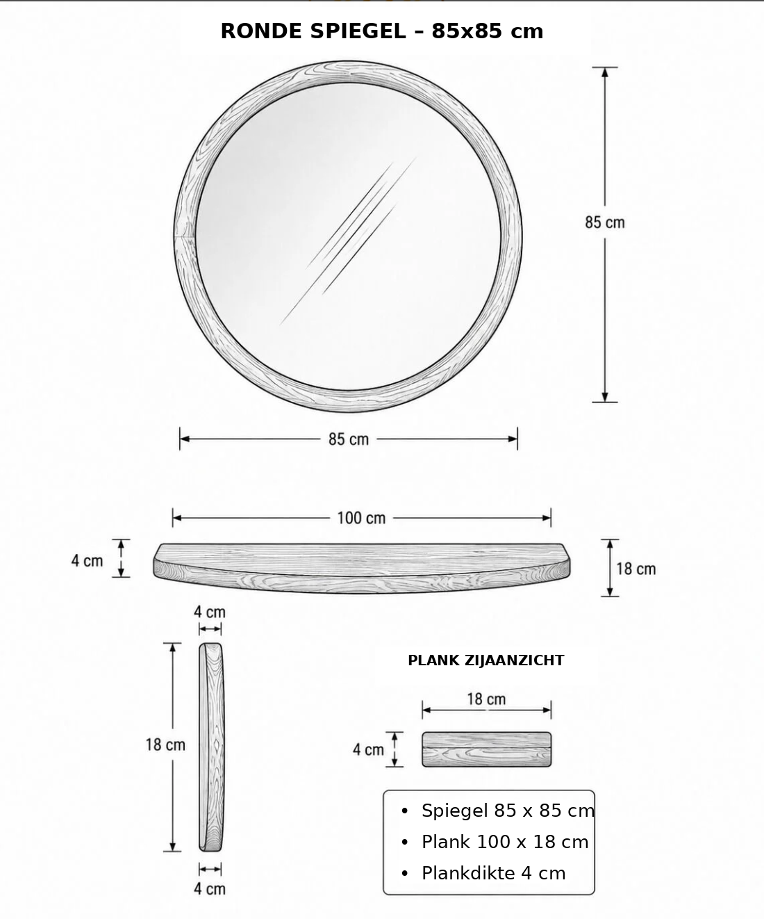 Ronde Wandspiegel met Plank – Massief Hout 85 cm