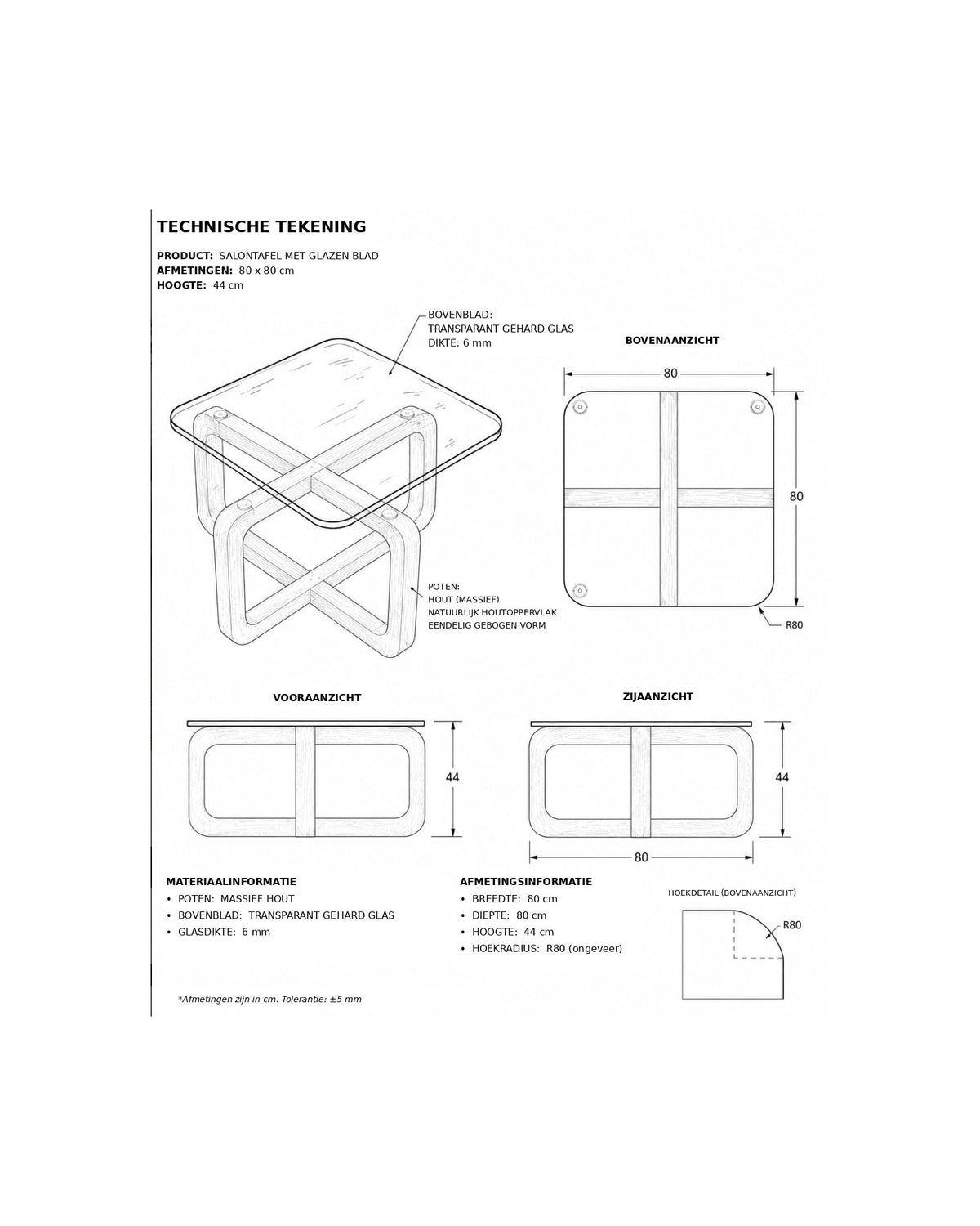 Salontafel met Glazen Blad – Massief Hout 80 x 80 cm