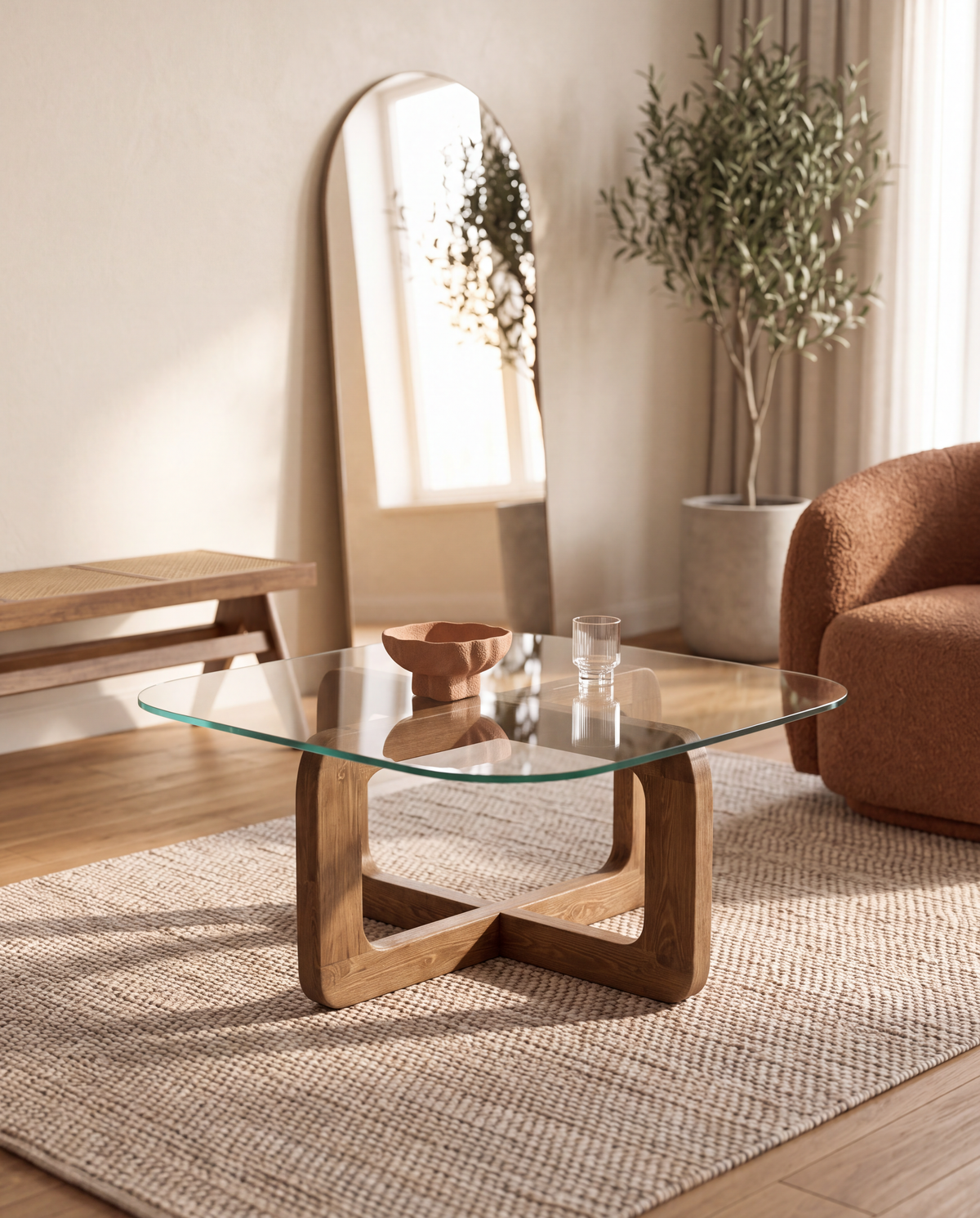 Salontafel met Glazen Blad – Massief Hout 80 x 80 cm