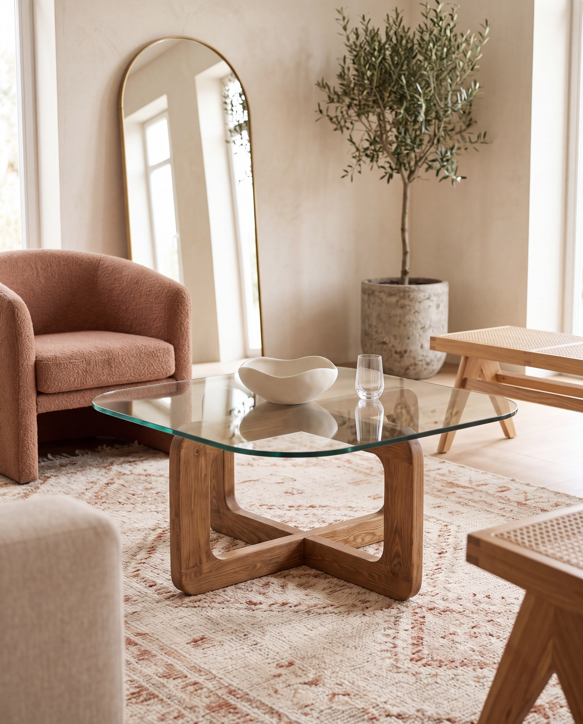 Salontafel met Glazen Blad – Massief Hout 80 x 80 cm