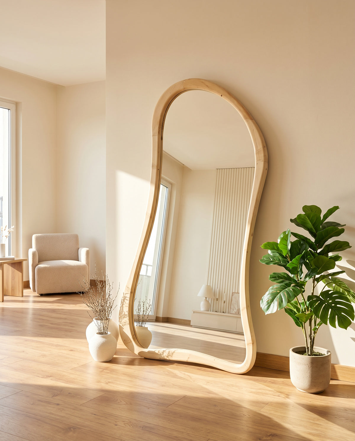 Grote Asymmetrische Staande Spiegel – Naturel Hout