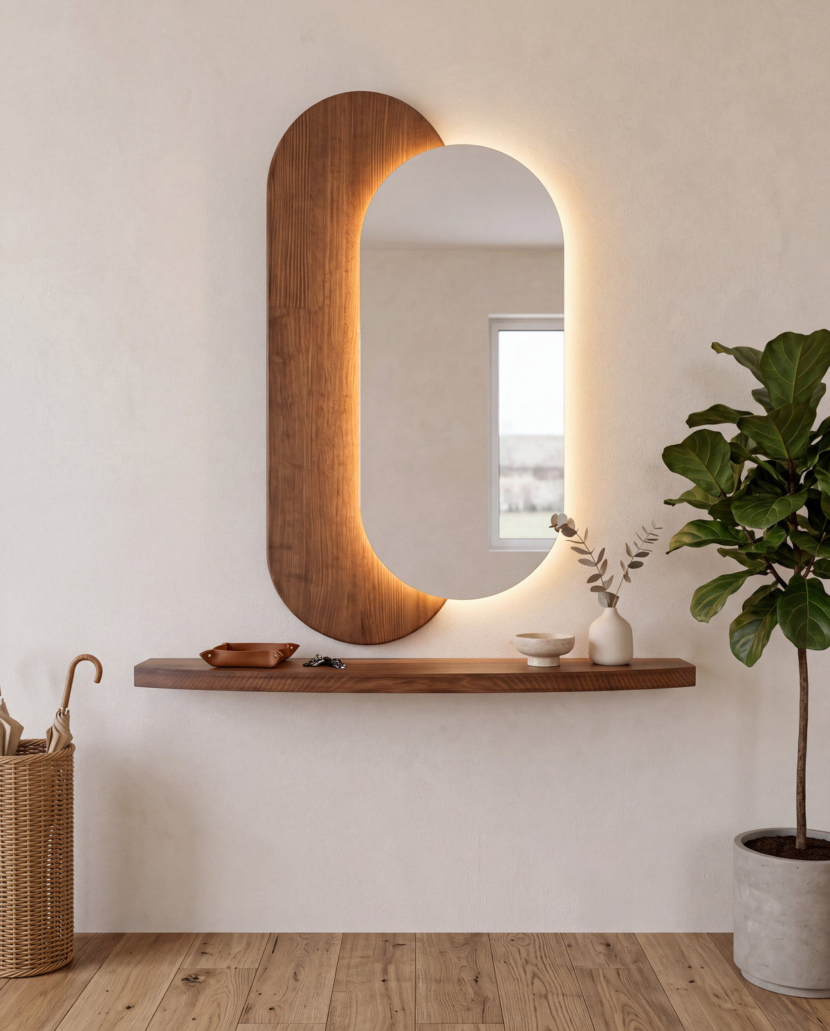 Ovale Wandspiegel met LED en Plank – Massief Hout 100 x 55 cm